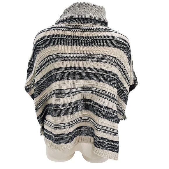 Linda Anderson Black Ivory Striped Knit Fringe Poncho Sweater One Size Cozy - Picture 7 of 9